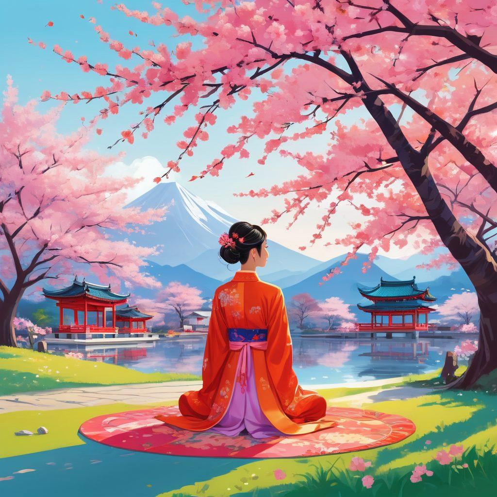 A whimsical scene depicting a beautiful fusion of Asian cultural elements: traditional clothing in vibrant colors, serene wellness practices like meditation under cherry blossom trees, and stylish urban settings showcasing modern fashion. Include diverse individuals engaging in joyful activities, celebrating harmony and charm. dreamy landscape. bright colors. vector art.