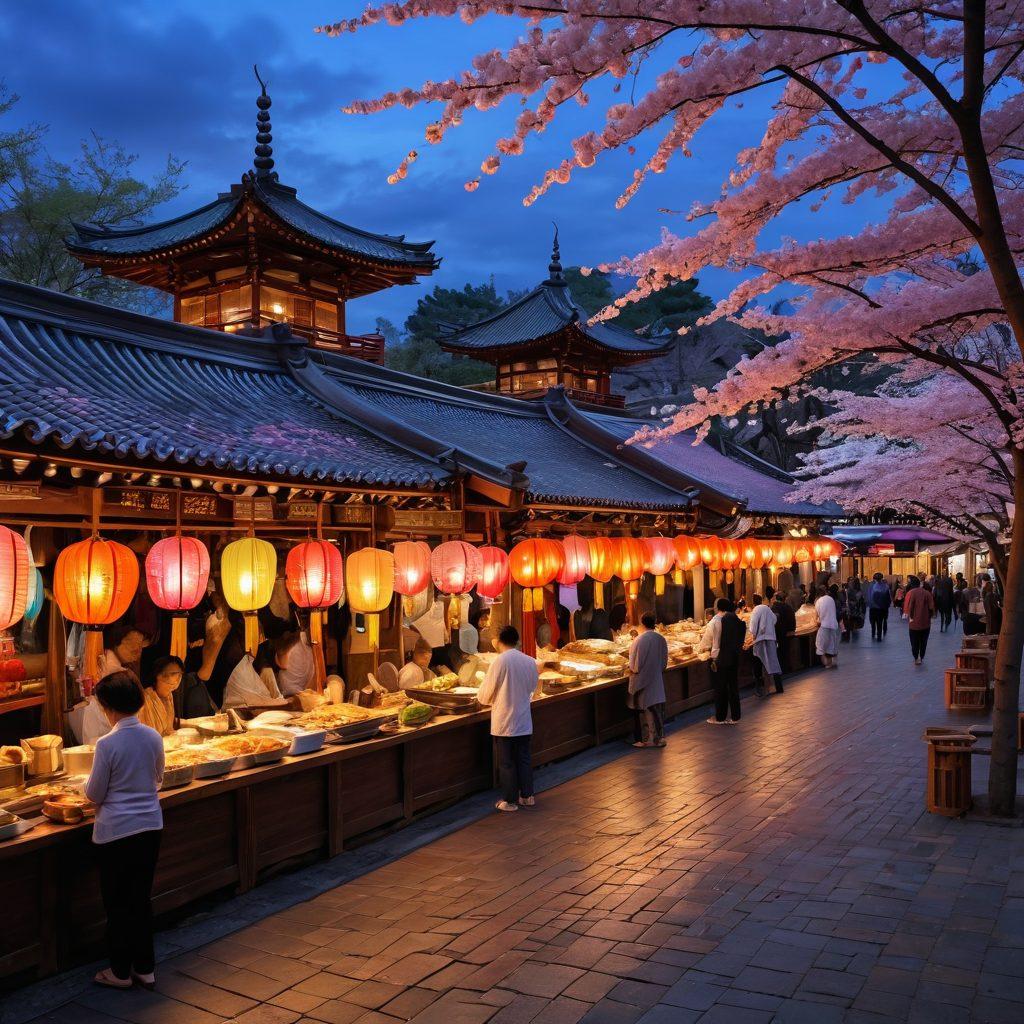 A vibrant tapestry of Asian culture, showcasing a bustling street market filled with colorful food stalls, traditional clothing, and intricate lanterns. Include a serene temple in the background, with cherry blossom trees framing the scene, symbolizing harmony and beauty. Capture the essence of diverse cuisines, with detailed dishes like sushi, dumplings, and curry on display. Artistic, immersive, with a warm, inviting atmosphere. super-realistic. vibrant colors. 3D.