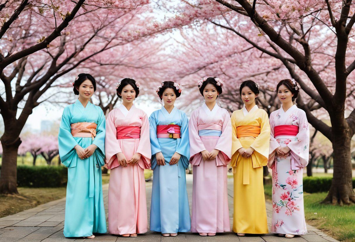 A serene scene showcasing a traditional Asian fashion display, with a colorful array of kimonos, hanboks, and cheongsams beautifully arranged under cherry blossom trees. Incorporate playful elements like cute accessories and vibrant flowers to reflect the adorable aspects of Asian culture. Soft pastel colors should dominate the palette, with a harmonious blend of contemporary and classic styles. ethereal and dreamy. vibrant colors. soft focus.